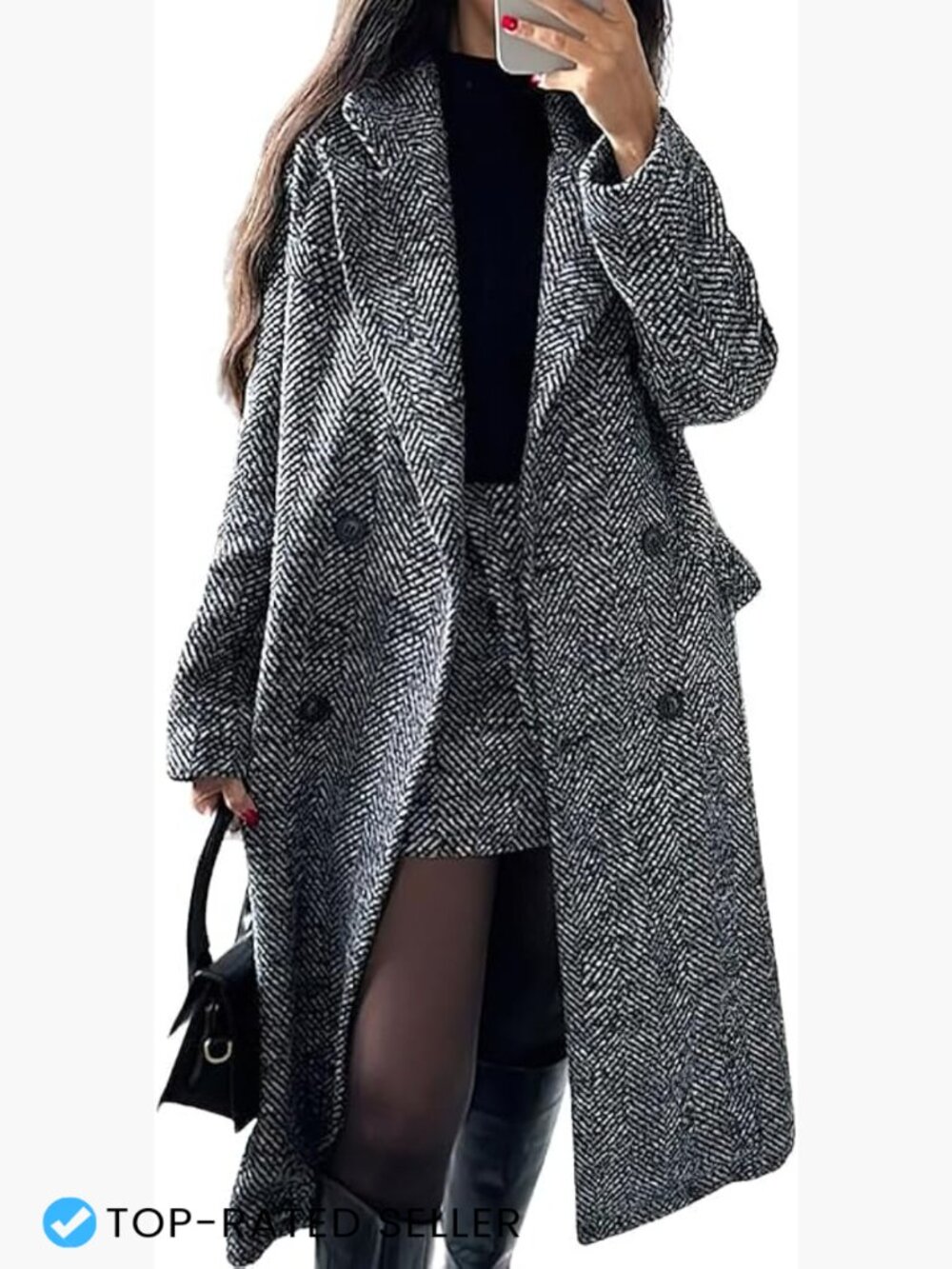 Long Wool Blend Pea Coat Double Breasted Herringbone Notch Collar Dressy